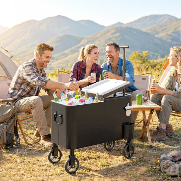 Outsunny Carrello Frigo 56L con Ruote Manico Regolabile Apribottiglie Raccoglitappi Scarico e Maniglia 75x35x120 cm Nero | Aosom Italy