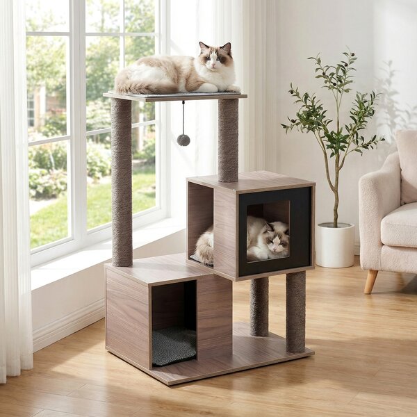 Costway Albero gatti interno moderno legno 94cm sisal tiragraffi condo posatoio, Albero gatti gioco appeso cuscini rimovibili tappetino adulti