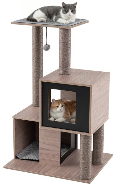 Costway Albero gatti interno moderno legno 94cm sisal tiragraffi condo posatoio, Albero gatti gioco appeso cuscini rimovibili tappetino adulti