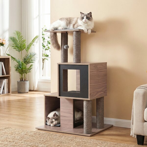 Costway Albero gatti interno moderno legno 94cm sisal tiragraffi condo posatoio, Albero gatti gioco appeso cuscini rimovibili tappetino adulti