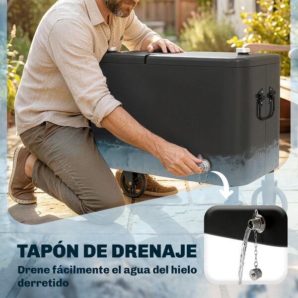 Outsunny Carrello Frigo 56L con Ruote Manico Regolabile Apribottiglie Raccoglitappi Scarico e Maniglia 75x35x120 cm Nero | Aosom Italy