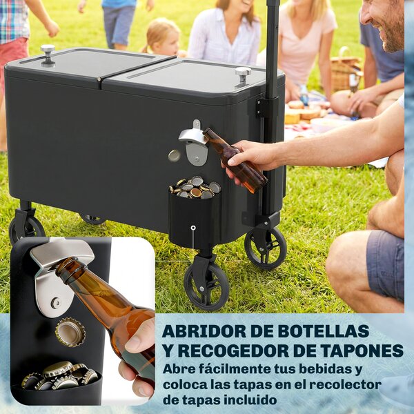 Outsunny Carrello Frigo 56L con Ruote Manico Regolabile Apribottiglie Raccoglitappi Scarico e Maniglia 75x35x120 cm Nero | Aosom Italy