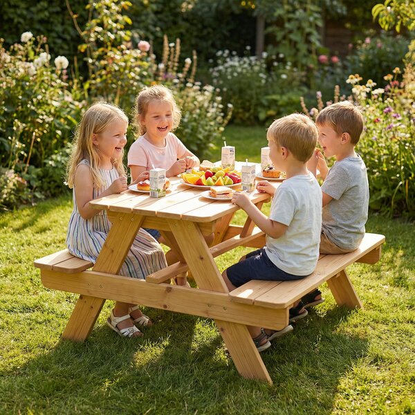 AIYAPLAY Set da giardino per bambini, tavolo da picnic con panche, struttura in legno massiccio, legno naturale | Aosom Italy
