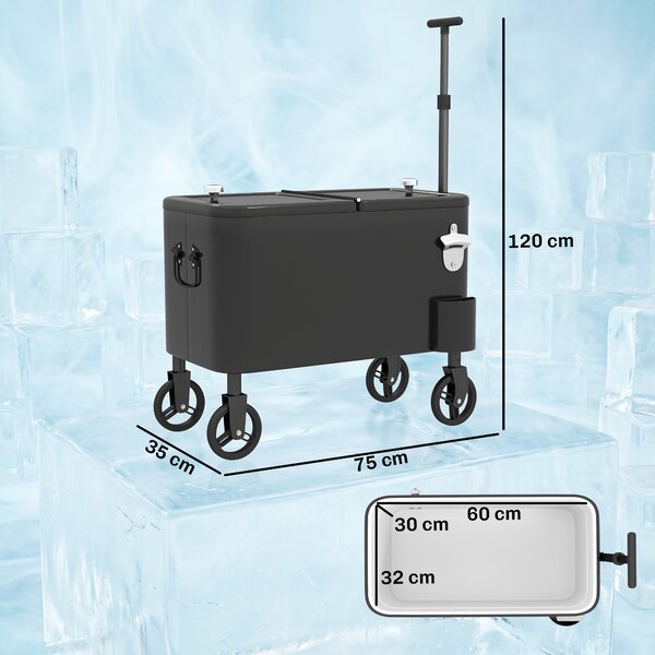 Outsunny Carrello Frigo 56L con Ruote Manico Regolabile Apribottiglie Raccoglitappi Scarico e Maniglia 75x35x120 cm Nero | Aosom Italy