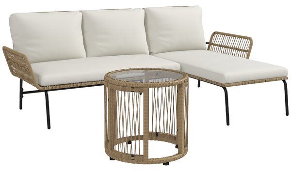 Outsunny Salotto da giardino esterno angolare 3 posti in resina intrecciata con divani, chaise longue, tavolino e cuscini, crema | Aosom Italy