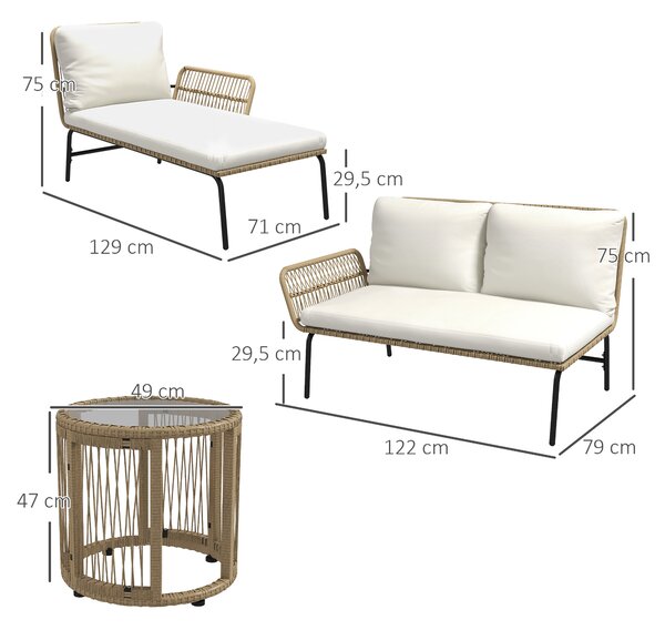 Outsunny Salotto da giardino esterno angolare 3 posti in resina intrecciata con divani, chaise longue, tavolino e cuscini, crema | Aosom Italy