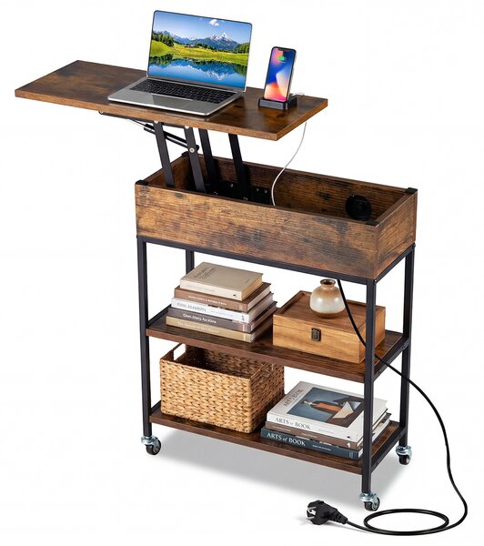 Costway Tavolino piano sollevabile stazione ricarica laterale mobile ruote, Tavolino contenitore nascosto ripiani aperti comodino camera letto soggiorno