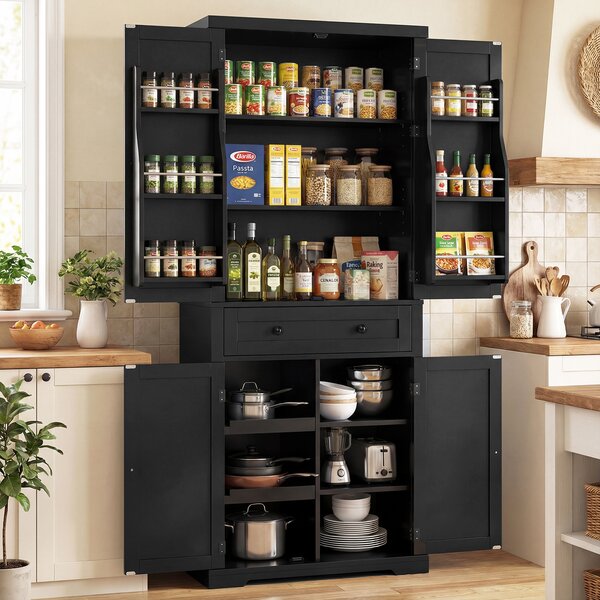 Costway Armadio dispensa da cucina ripiani regolabili grande cassetto vassoi scorrevoli moderno alto, Mobile portaoggetti per cucina sala da pranzo soggiorno Nero
