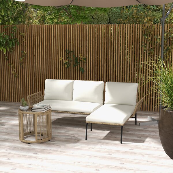 Outsunny Salotto da giardino esterno angolare 3 posti in resina intrecciata con divani, chaise longue, tavolino e cuscini, crema | Aosom Italy