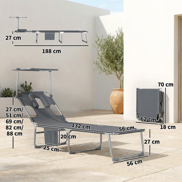 Outsunny Set di 2 Sdraio Pieghevoli Reclinabili con Tenda 360° Apertura Facciale Tasca Laterale e Textilene 550 g/m² Grigio | Aosom Italy
