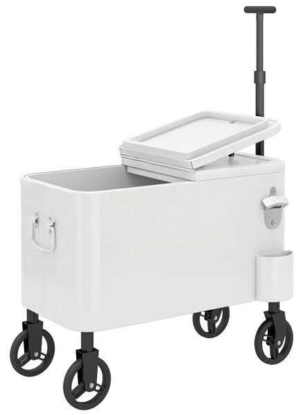 Outsunny Carrello Frigorifero 56L con Ruote Manico Regolabile Apribottiglie Raccoglitappi Drenaggio e Maniglia 75x35x120 cm Bianco | Aosom Italy