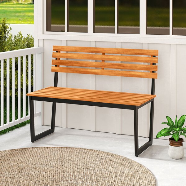 Costway Panchina esterno divanetto patio legno acacia schienale struttura metallo robusto, Panchina giardino 2 persone prato veranda cortile parco portata 360 kg