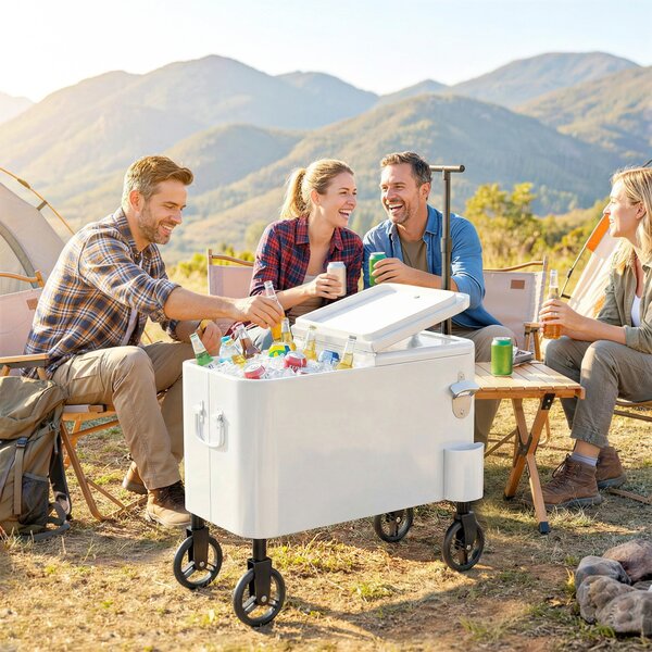Outsunny Carrello Frigorifero 56L con Ruote Manico Regolabile Apribottiglie Raccoglitappi Drenaggio e Maniglia 75x35x120 cm Bianco | Aosom Italy