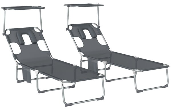 Outsunny Set di 2 Sdraio Pieghevoli Reclinabili con Tenda 360° Apertura Facciale Tasca Laterale e Textilene 550 g/m² Grigio | Aosom Italy