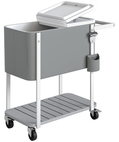Outsunny Carrello frigo con capacità 56 L servitore con ruote, apribottiglie, ripiano inferiore, maniglia, carrello bevande mobile, Grigio | Aosom Italy