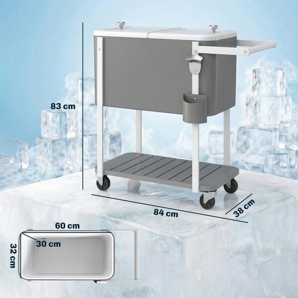 Outsunny Carrello frigo con capacità 56 L servitore con ruote, apribottiglie, ripiano inferiore, maniglia, carrello bevande mobile, Grigio | Aosom Italy