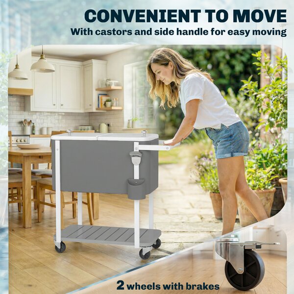 Outsunny Carrello frigo con capacità 56 L servitore con ruote, apribottiglie, ripiano inferiore, maniglia, carrello bevande mobile, Grigio | Aosom Italy