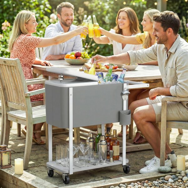 Outsunny Carrello frigo con capacità 56 L servitore con ruote, apribottiglie, ripiano inferiore, maniglia, carrello bevande mobile, Grigio | Aosom Italy