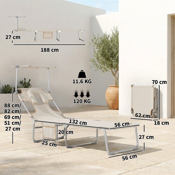 Outsunny Set di 2 Lettini Pieghevoli Reclinabili con Tendalino 360° Foro Facciale Tasca Laterale e Textilene 550 g/m² Beige | Aosom Italy