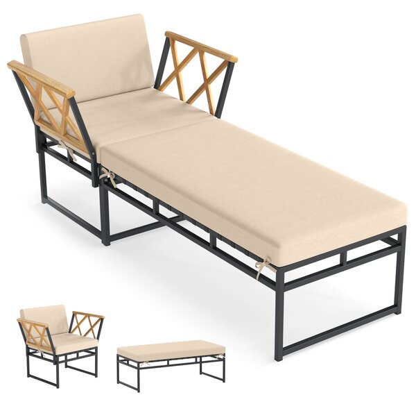 Costway Set mobili patio 2 pezzi metallo poltrona esterno cuscino, Set braccioli legno acacia pouf giardino piscina Bianco
