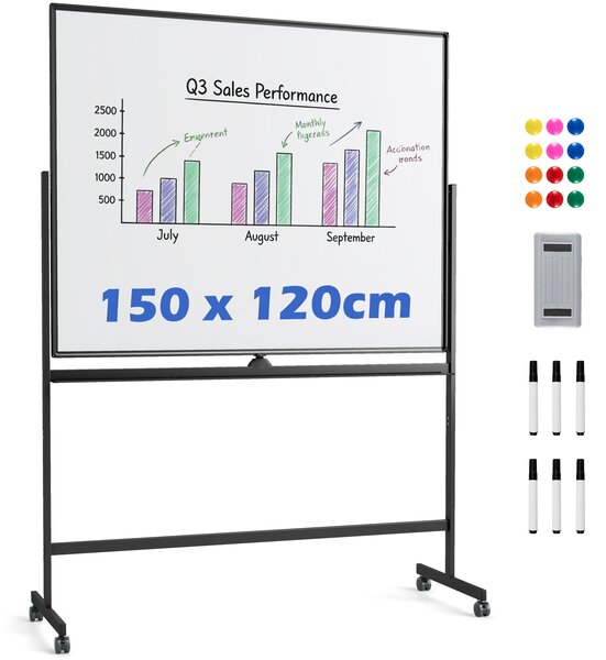Costway Lavagna mobile doppia faccia magnetica cancellabile supporto, Lavagna 360° reversibile 2 altezze ruote bloccabili Nero
