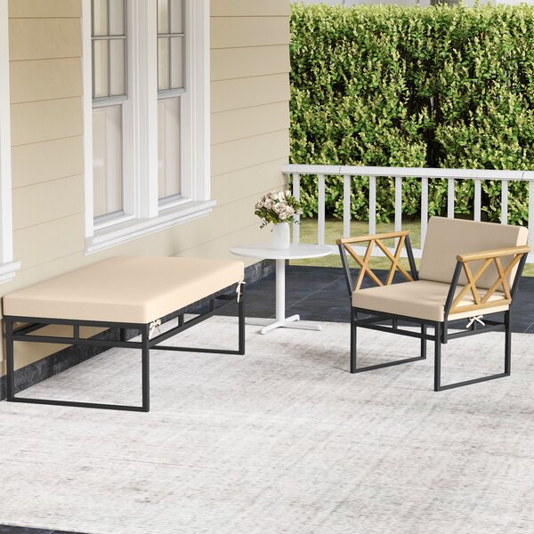 Costway Set mobili patio 2 pezzi metallo poltrona esterno cuscino, Set braccioli legno acacia pouf giardino piscina Bianco