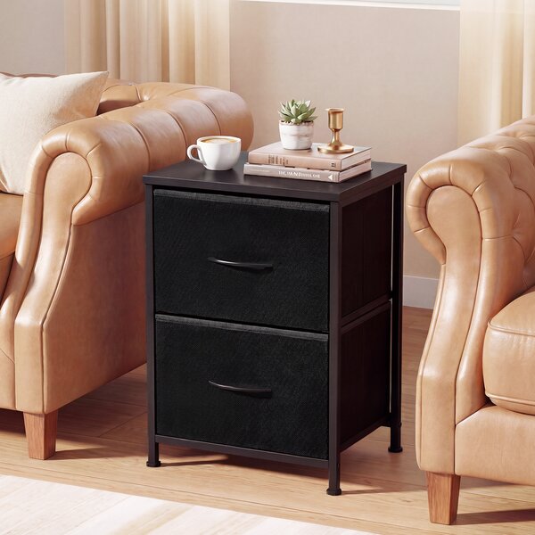 Costway Set 2 comodini tavolino 2 cassetti tessuto struttura metallo, Comodino moderno letto laterale soggiorno camera letto ingresso Nero