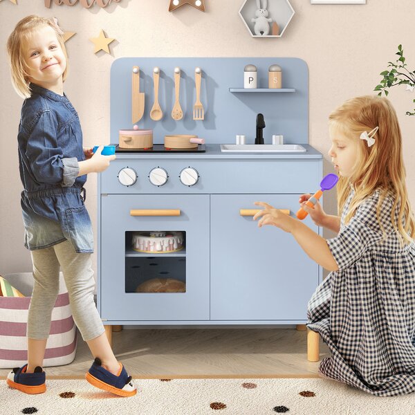 Costway Set da cucina per bambini in legno con luci e accessori da cucina, Gioco educativo con spazio di archiviazione Blu
