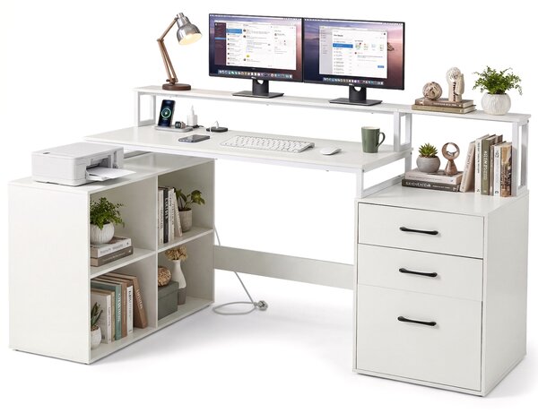 Costway Scrivania angolo L prese alimentazione ufficio domestico, Scrivania cassetto documenti supporti stampante monitor cubi Bianco