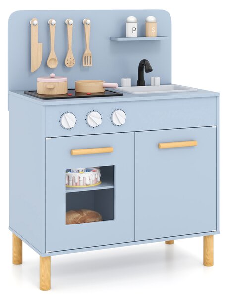 Costway Set da cucina per bambini in legno con luci e accessori da cucina, Gioco educativo con spazio di archiviazione Blu