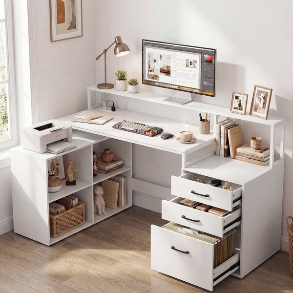 Costway Scrivania angolo L prese alimentazione ufficio domestico, Scrivania cassetto documenti supporti stampante monitor cubi Bianco