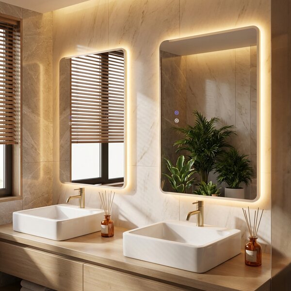 Costway Specchio bagno led vetro temperato anti-esplosione parete 3 colori antiappannamento, Specchio trucco retroilluminato dimmerabile lavabo 70 x 50 cm