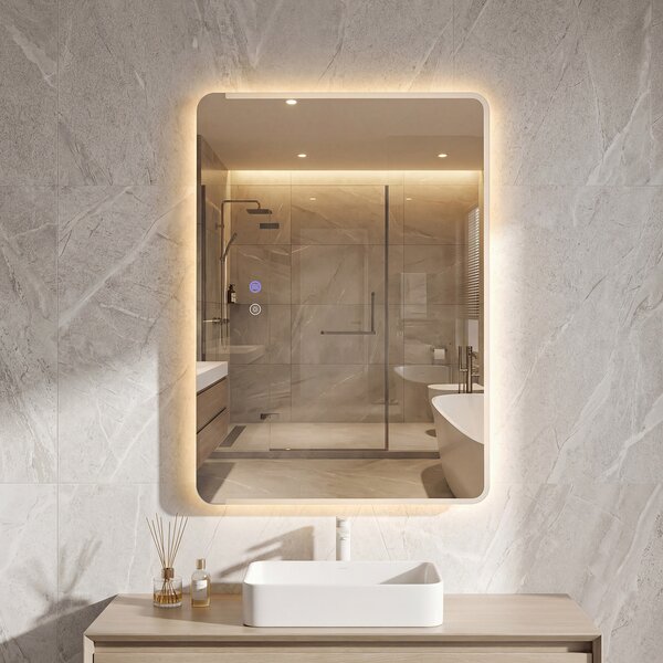 Costway Specchio bagno led vetro temperato anti-esplosione parete 3 colori antiappannamento, Specchio trucco retroilluminato dimmerabile lavabo 70 x 50 cm