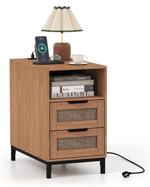 Costway Comodino rattan stazione ricarica tavolino letto boho, Comodino ripiano aperto 2 cassetti gambe metallo camera soggiorno ingresso Naturale