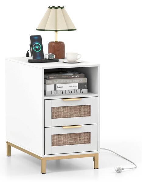 Costway Comodino rattan stazione ricarica tavolino letto boho, Comodino ripiano aperto 2 cassetti gambe metallo camera soggiorno ingresso Bianco