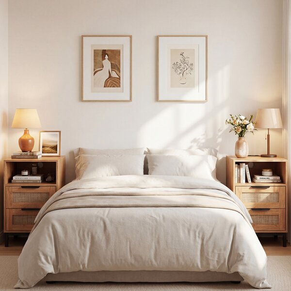 Costway Comodino rattan stazione ricarica tavolino letto boho, Comodino ripiano aperto 2 cassetti gambe metallo camera soggiorno ingresso Naturale