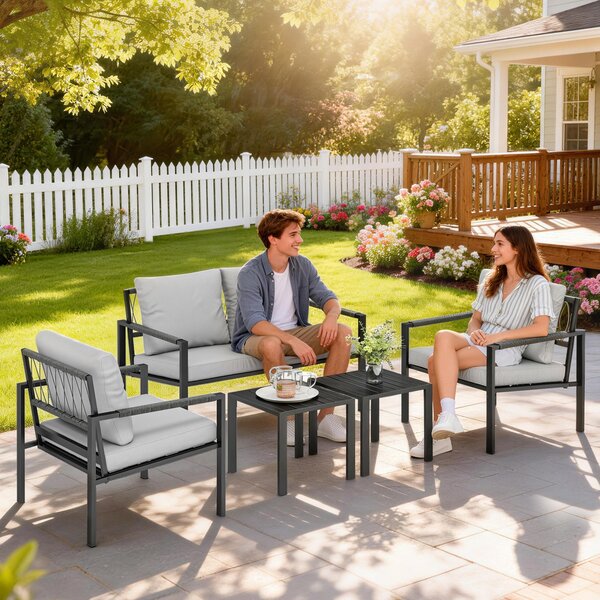 Outsunny Set di mobili da giardino per 4 persone resistente alle intemperie set per balcone con divano 2 posti, poltrona, cuscini, tavolino Grigio chiaro | Aosom Italy