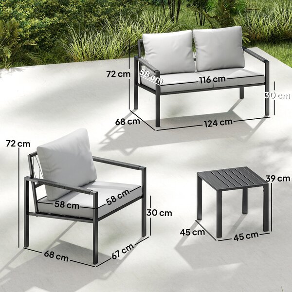 Outsunny Set di mobili da giardino per 4 persone resistente alle intemperie set per balcone con divano 2 posti, poltrona, cuscini, tavolino Grigio chiaro | Aosom Italy