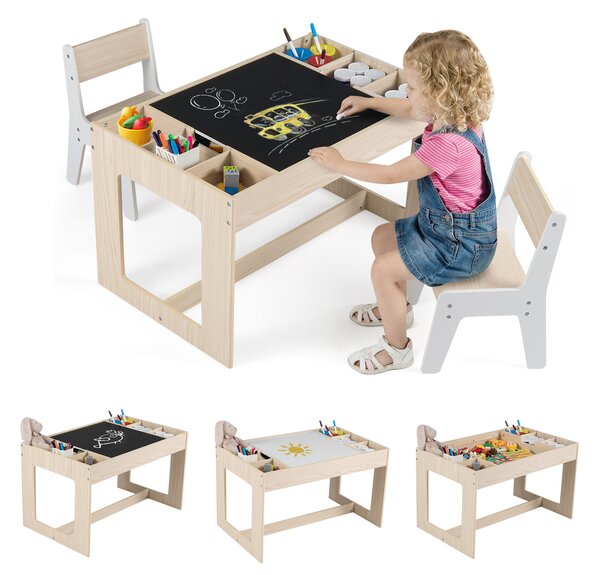 Costway Set tavolo multifunzionale bambini 2 sedie legno piano doppio rimovibile, Lavagna nera bianca compartimenti laterali divisori staccabili Naturale