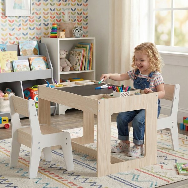 Costway Set tavolo multifunzionale bambini 2 sedie legno piano doppio rimovibile, Lavagna nera bianca compartimenti laterali divisori staccabili Naturale