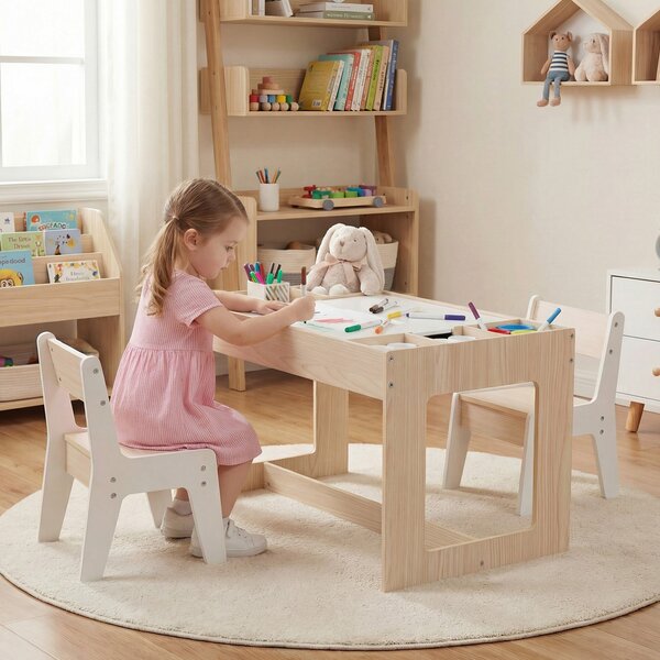 Costway Set tavolo multifunzionale bambini 2 sedie legno piano doppio rimovibile, Lavagna nera bianca compartimenti laterali divisori staccabili Naturale