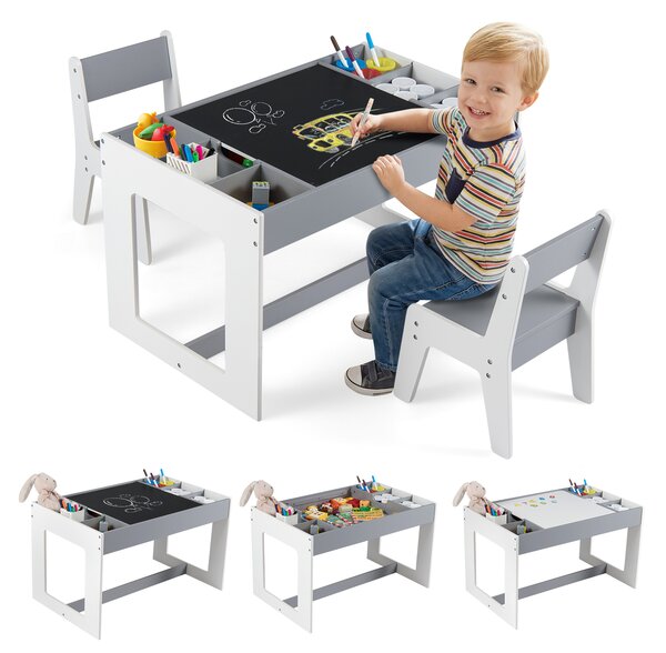 Costway Set tavolo multifunzionale bambini 2 sedie legno piano doppio rimovibile, Lavagna nera bianca compartimenti laterali divisori staccabili Grigio