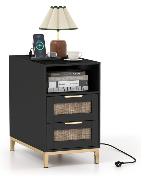 Costway Comodino rattan stazione ricarica tavolino letto boho, Comodino ripiano aperto 2 cassetti gambe metallo camera soggiorno ingresso Nero