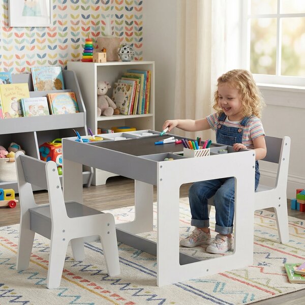 Costway Set tavolo multifunzionale bambini 2 sedie legno piano doppio rimovibile, Lavagna nera bianca compartimenti laterali divisori staccabili Grigio