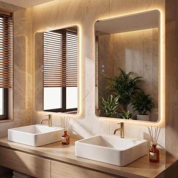 Costway Specchio bagno led vetro temperato anti-esplosione parete 3 colori antiappannamento, Specchio trucco retroilluminato dimmerabile lavabo 80 x 60 cm