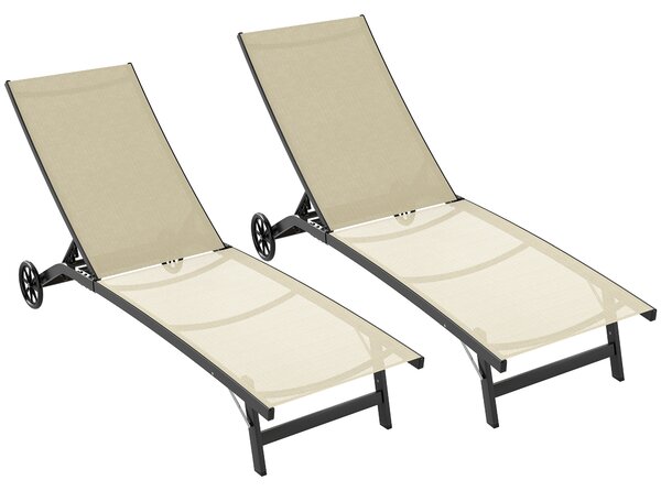 Outsunny Set di 2 lettini prendisole in alluminio e textilene con rotelle schienale reclinabile carico max. 150 Kg kaki | Aosom Italy