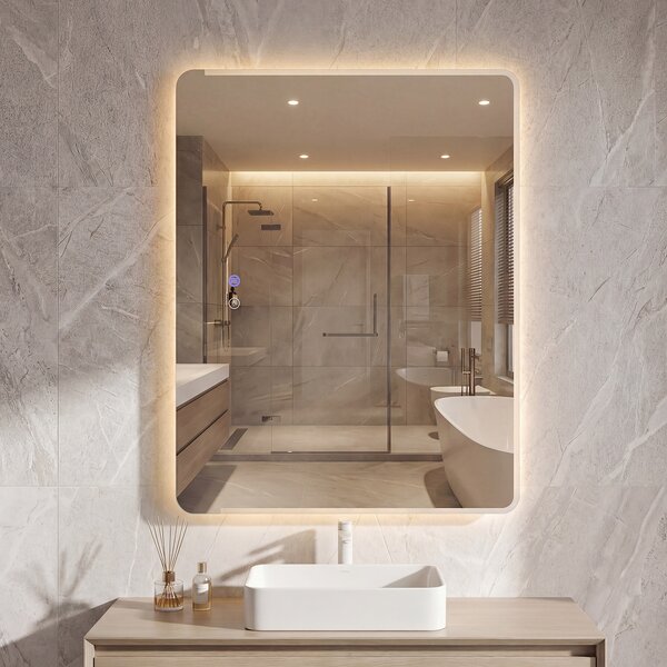 Costway Specchio bagno led vetro temperato anti-esplosione parete 3 colori antiappannamento, Specchio trucco retroilluminato dimmerabile lavabo 80 x 60 cm