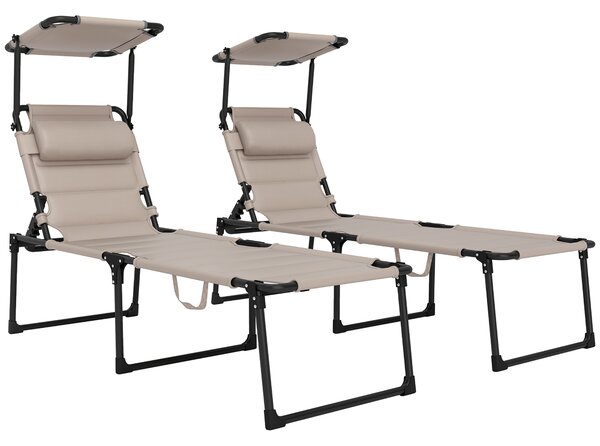 Outsunny Set da 2 lettini prendisole pieghevoli grande comfort schienale e parasole regolabili multiposizioni, kaki | Aosom Italy