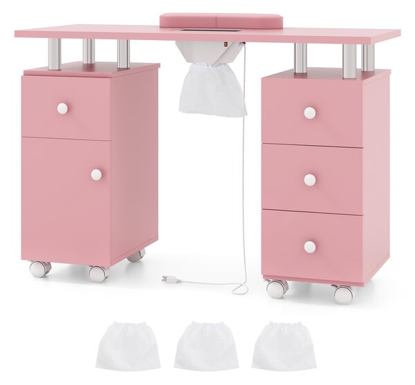 Costway Tavolo manicure aspirapolvere 3 sacchetti supporto polso cassetti, Scrivania mobile nail 8 ruote postazione lavoro legno nail art spa trucco Rosa