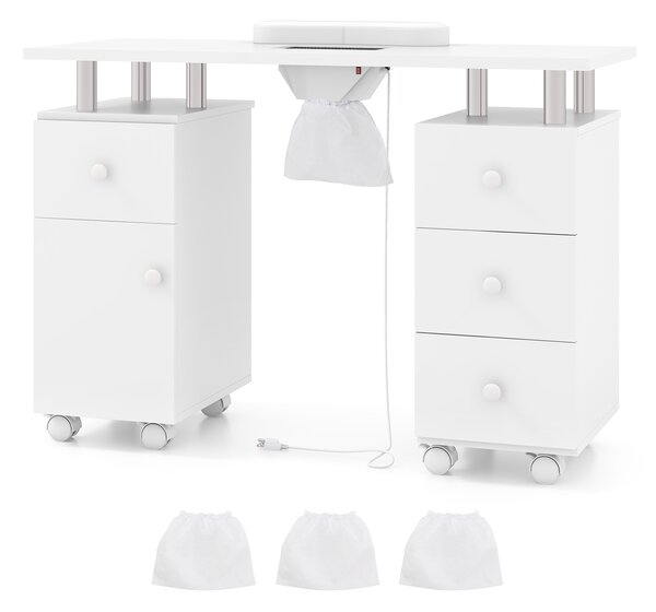 Costway Tavolo manicure aspirapolvere 3 sacchetti supporto polso cassetti, Scrivania mobile nail 8 ruote postazione lavoro legno nail art spa trucco Bianco